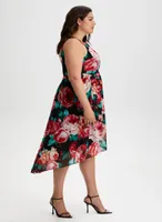 Rose Print High-Low Midi Dress