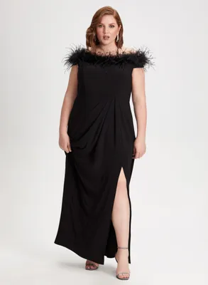 Feather Trim Off-The-Shoulder Dress
