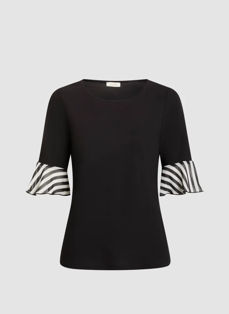 Stripe Cuff Crew Neck Top