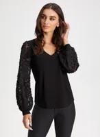 Embroidered Bouffant Sleeve Top