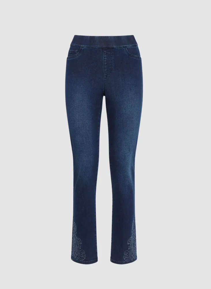 Pull-On Embroidered Hem Jeans