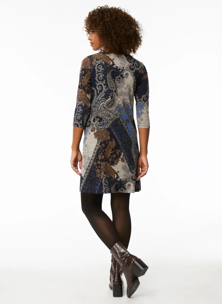 3/4 Sleeve Paisley Motif Dress