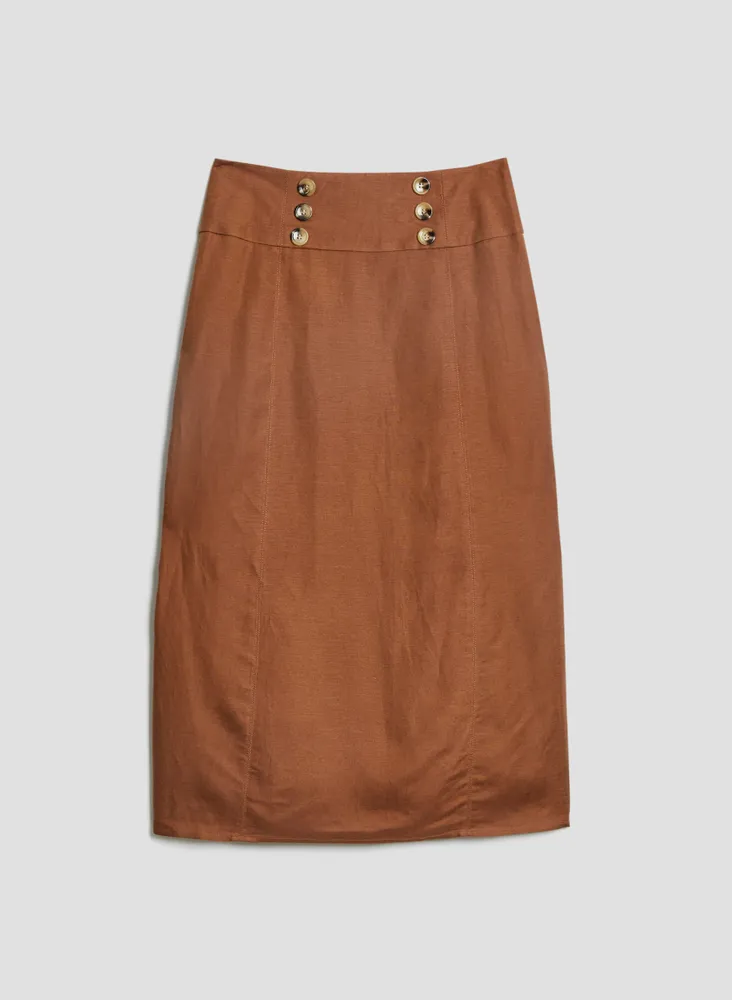 Button Detail Linen-Blend Skirt