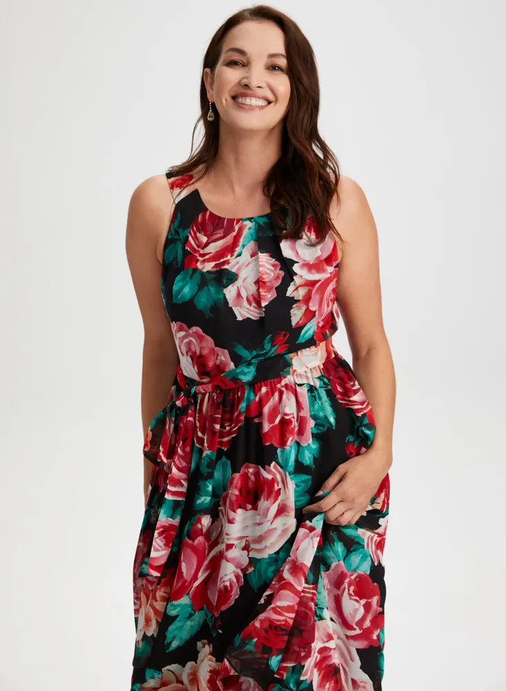 Rose Print High-Low Midi Dress