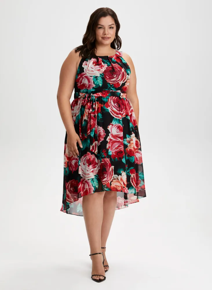 Rose Print High-Low Midi Dress