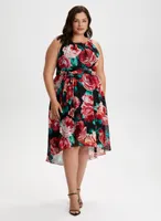 Rose Print High-Low Midi Dress