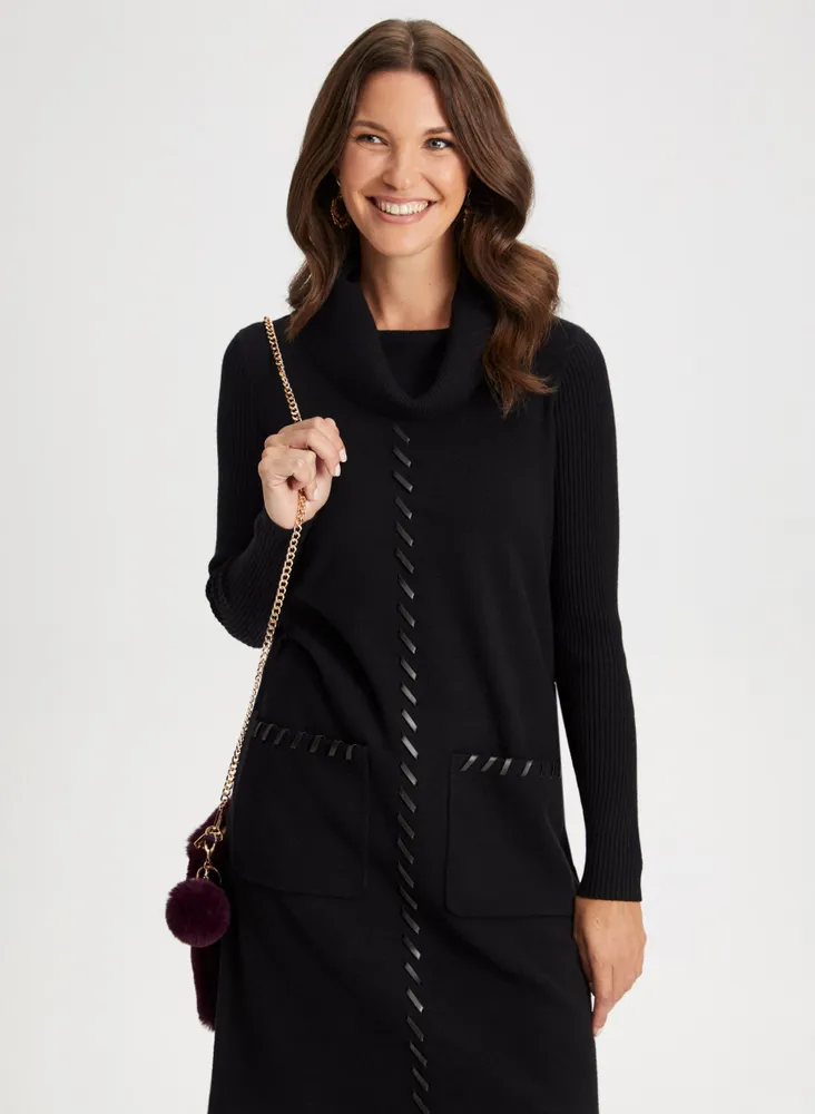 Vegan Leather Detail Sweater Dress