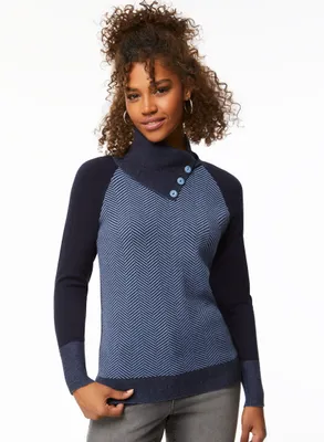 Herringbone Motif Split Collar Sweater