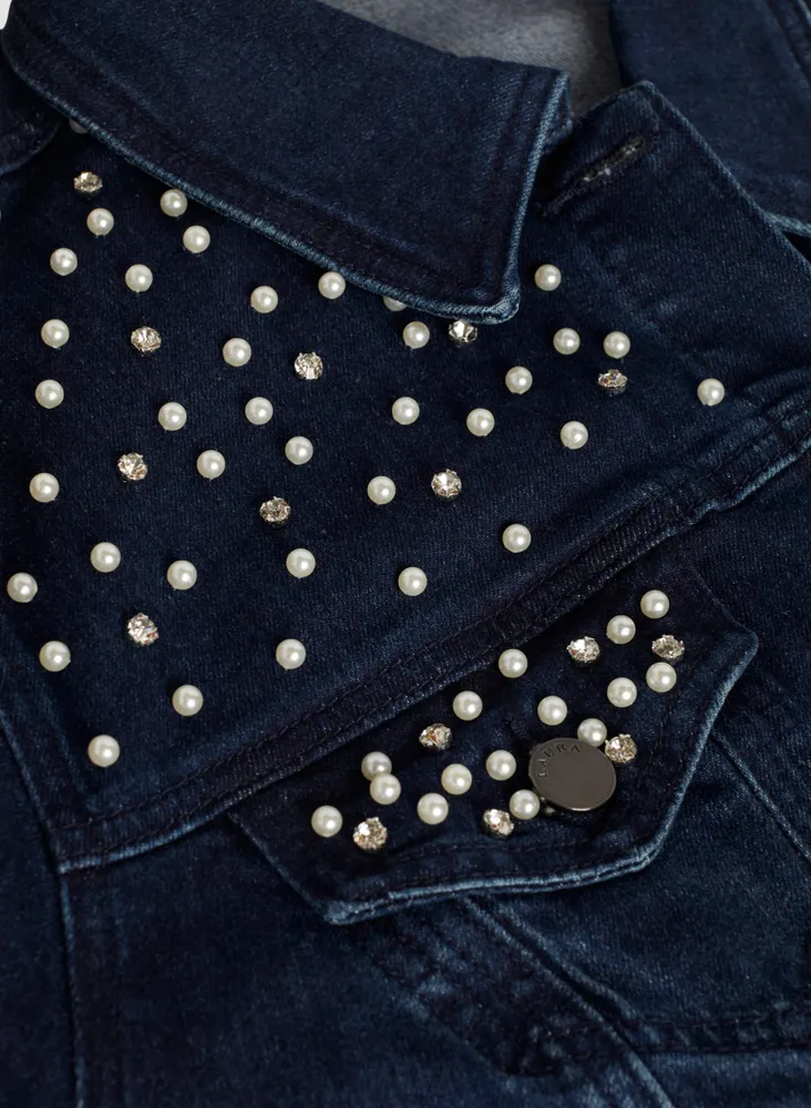 Pearl & Rhinestone Embellished Denim Jacket