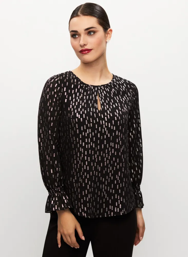 Gold Foil Print Popover Blouse