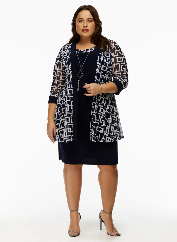 Geometric Print Jacket, Dress & Necklace Set