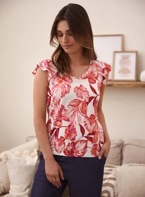 Leaf Print Flutter Sleeve Top