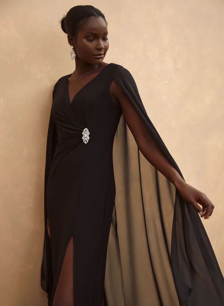 Chiffon Wrap Cape Sleeve Maxi Dress