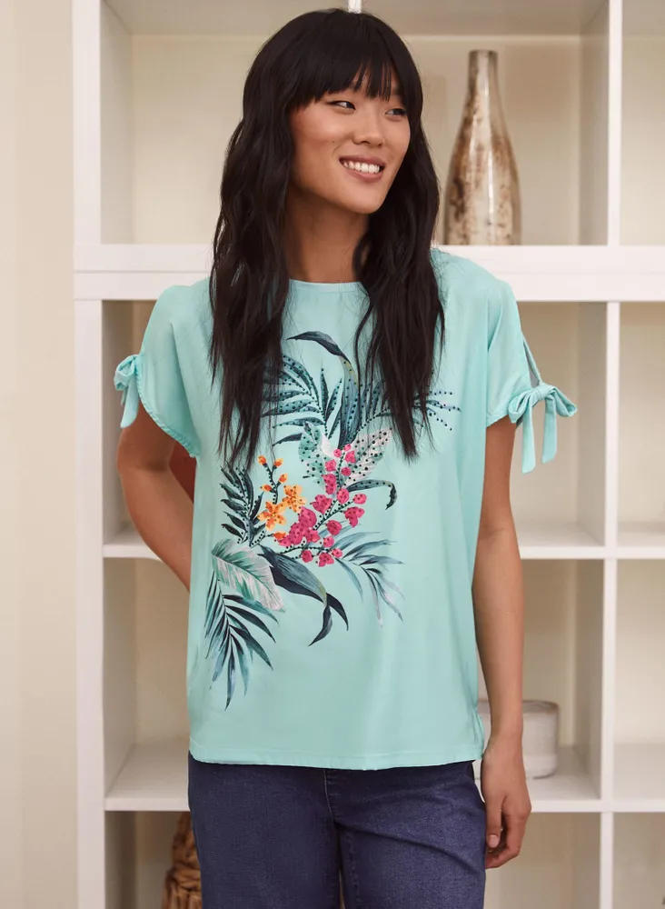 Tropical Print Tie Sleeve Tee