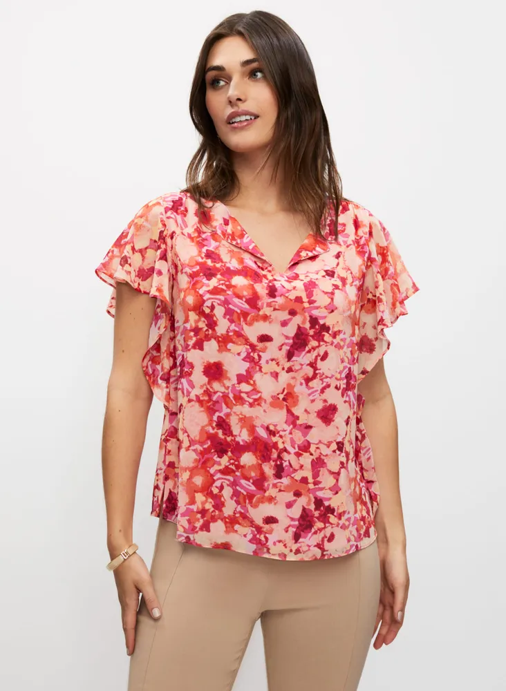 Flutter Sleeve Floral Print Blouse