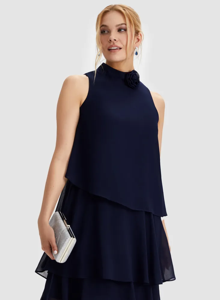 Layered Chiffon Mock Neck Dress