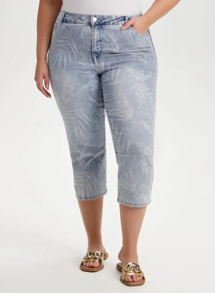 Palm Leaf Print Denim Capris