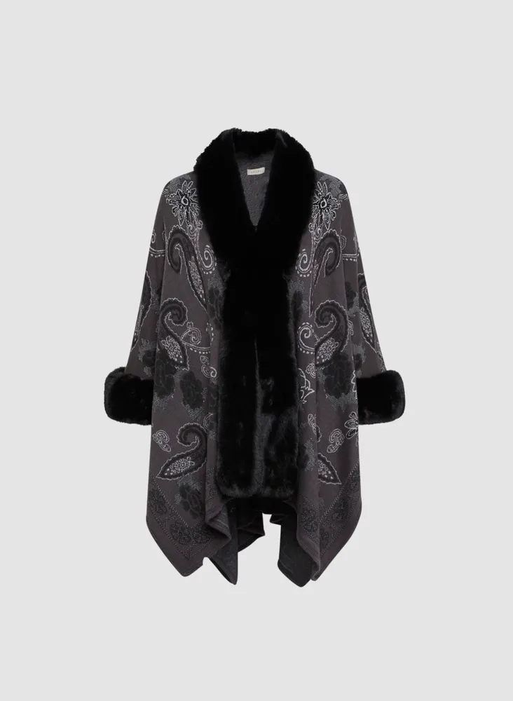 Paisley Print Faux Fur Poncho