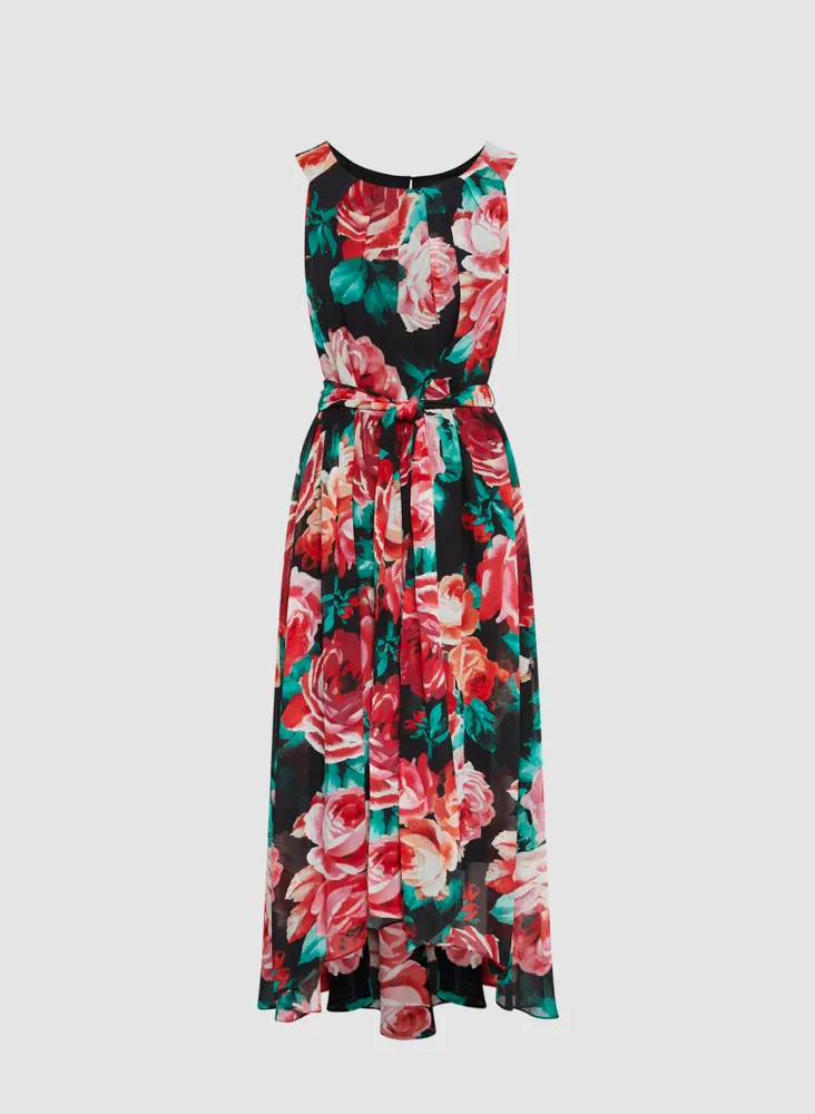 Rose Print High-Low Midi Dress