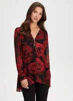 Zip Front Floral Print Blouse