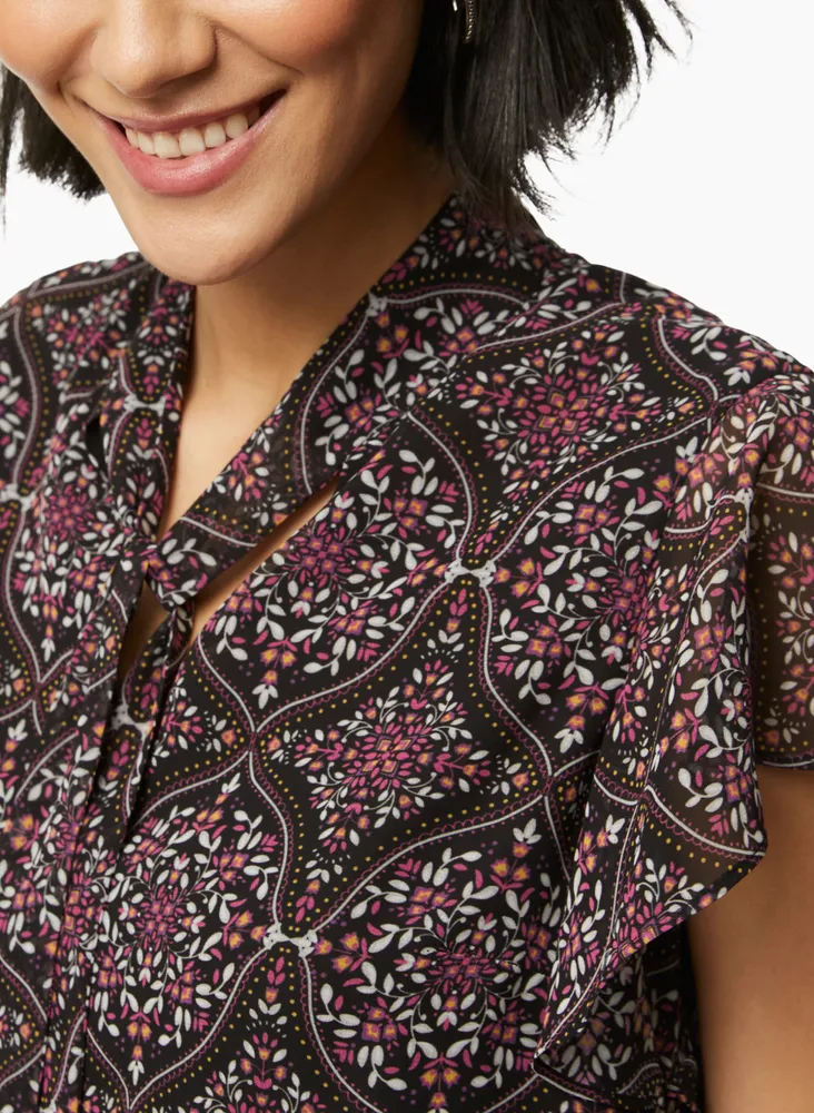 Medallion Print Tie Neck Blouse