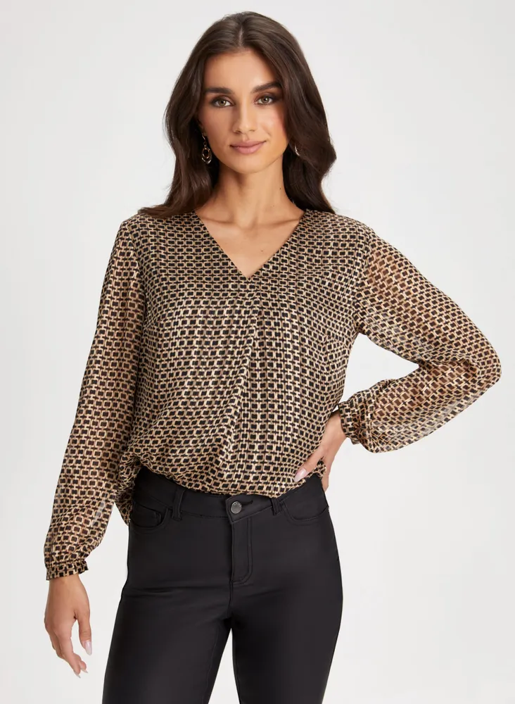 Puff Sleeve Geometric Print Top