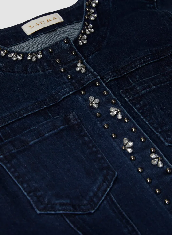 Rhinestone Cluster Trim Denim Jacket