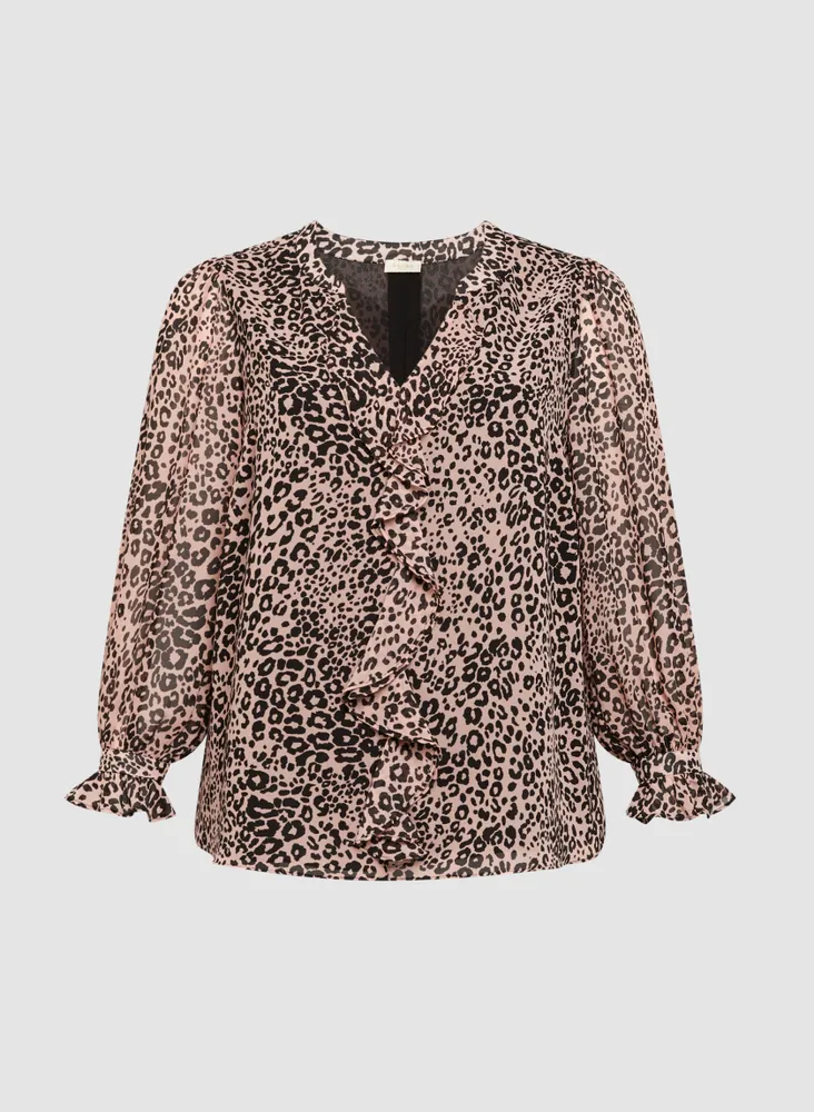 Leopard Print Ruffle Front Blouse