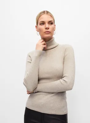 Metallic Rib Knit Turtleneck Sweater