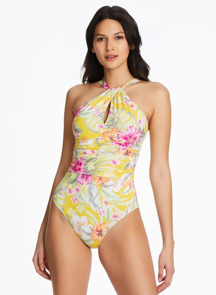 Lucky Brand Women's Halter One Piece Swimsuit, Yellow//Cruisin