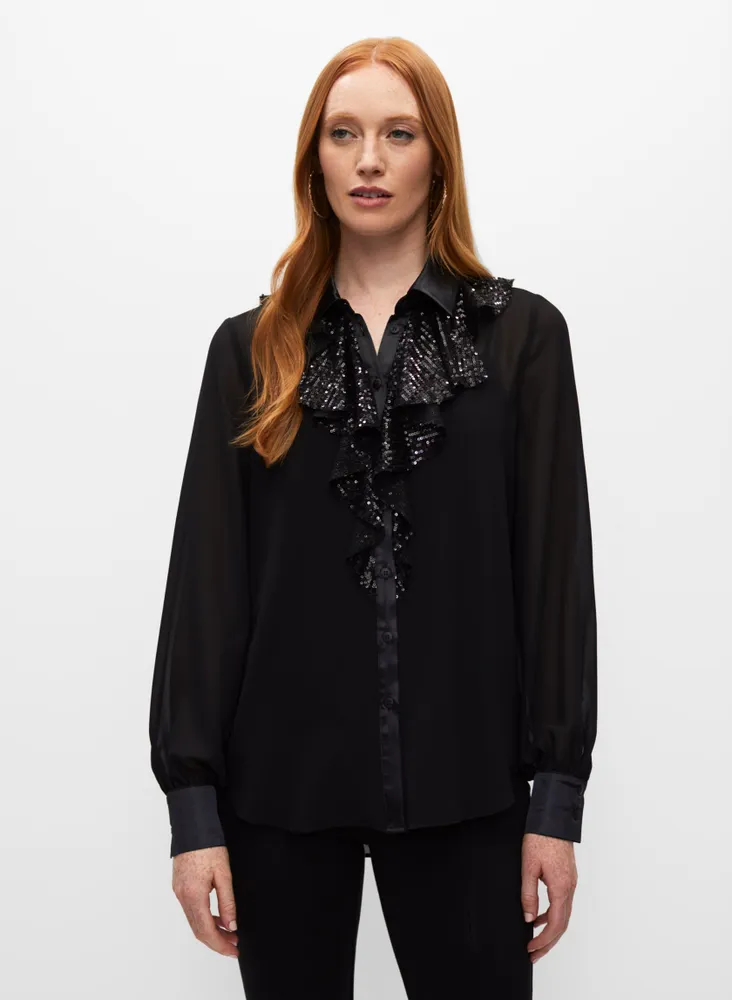 Melanie Lyne Sequin Ruffle Button-Up Blouse