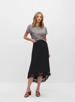 Lace Trim Asymmetric Pull-On Skirt