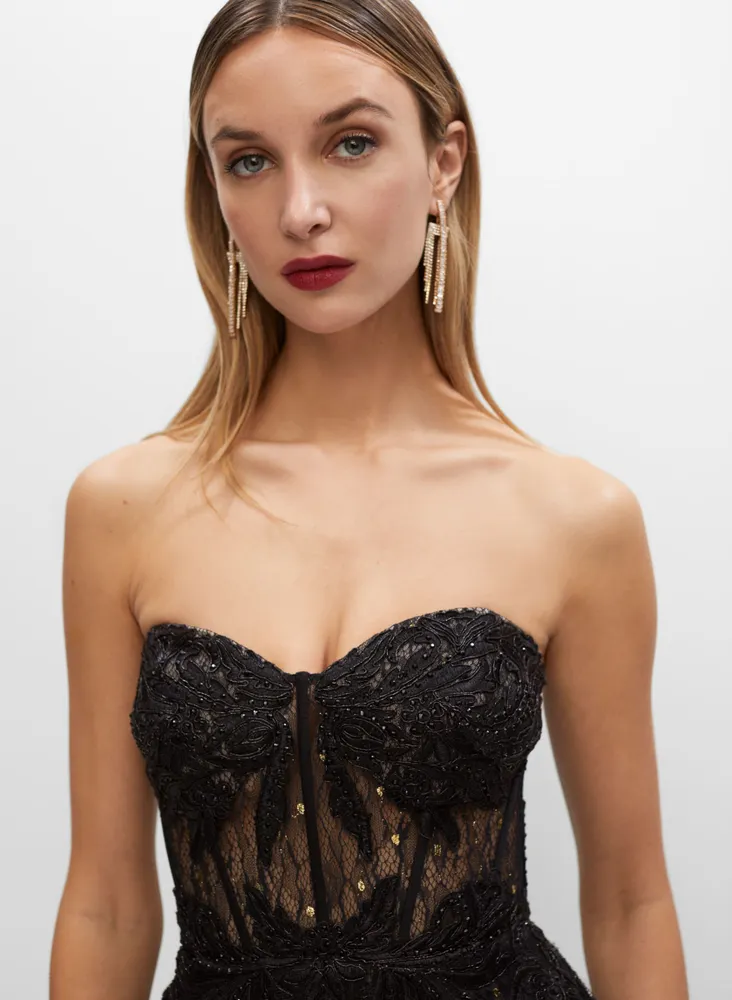 B & Adam Strapless Lace Bustier Gown