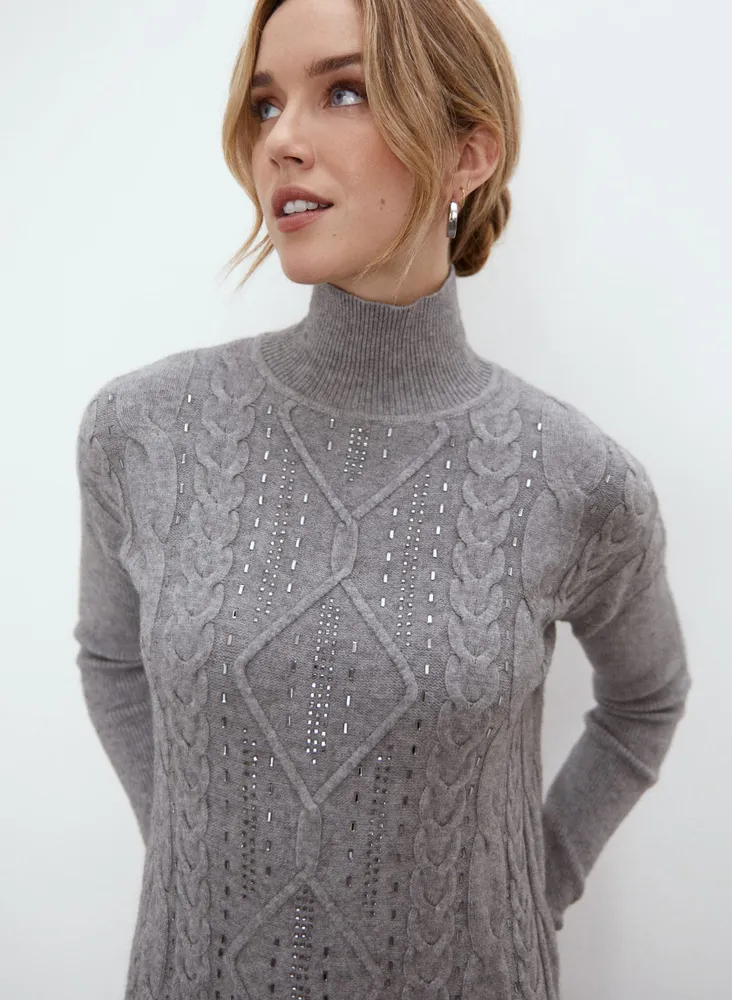 Melanie Lyne Embellished Cable Knit Sweater Dress