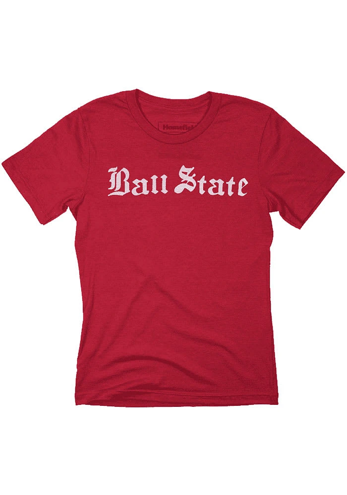 Homefield Ball State Cardinals Red Old English Short Sleeve Fashion T Shirt