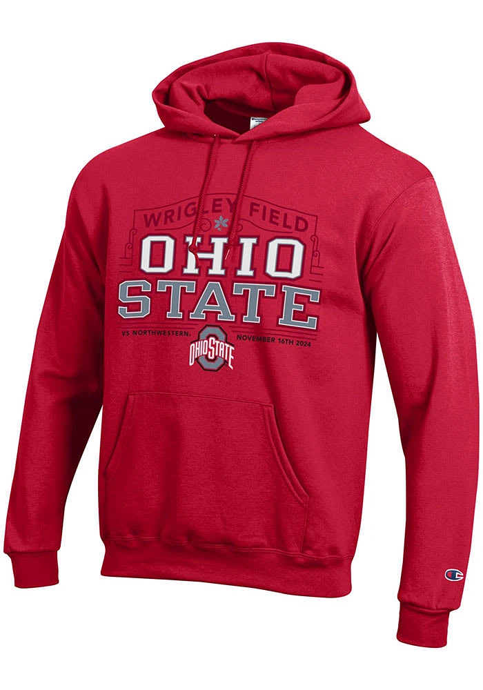 Champion Ohio State Buckeyes Mens Red Wrigley Field 2024 Football Long Sleeve Hoodie