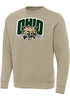 Antigua Ohio Bobcats Mens Khaki Full Front Victory Long Sleeve Crew Sweatshirt