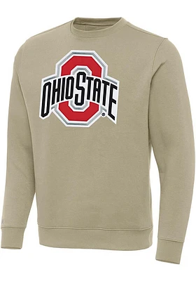 Antigua Ohio State Buckeyes Mens Khaki Full Front Victory Long Sleeve Crew Sweatshirt