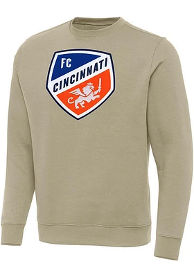 Antigua FC Cincinnati Mens Khaki Full Front Victory Long Sleeve Crew Sweatshirt