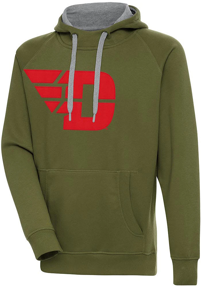 Antigua Dayton Flyers Mens Olive Full Front Victory Long Sleeve Hoodie