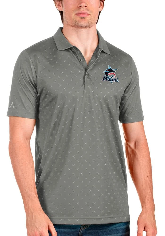 Antigua Miami Marlins Mens Grey Spark Short Sleeve Polo