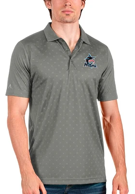 Antigua Miami Marlins Mens Grey Spark Short Sleeve Polo