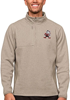 Antigua Cleveland Browns Mens Oatmeal Brownie Course Long Sleeve Qtr Zip Pullover