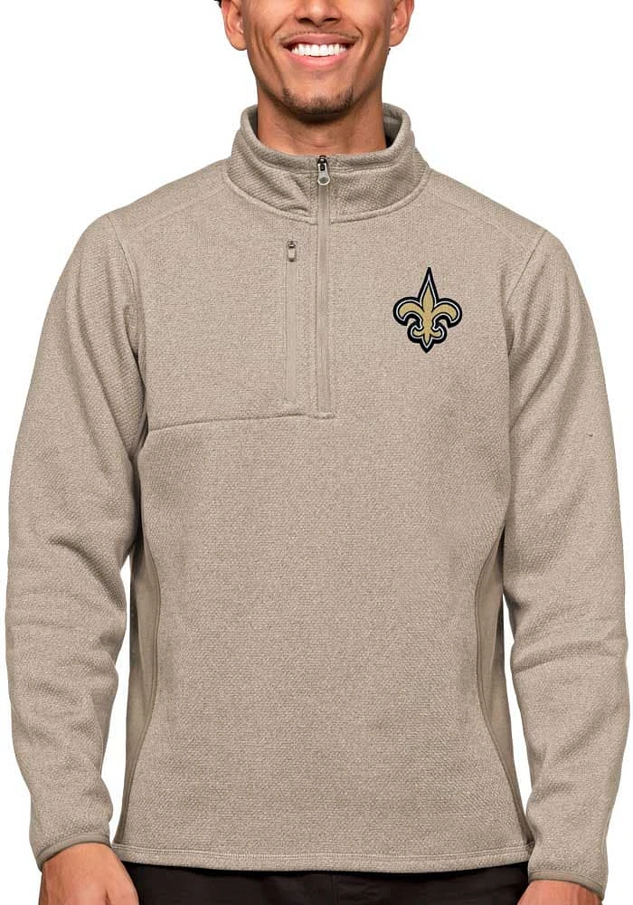 Antigua New Orleans Saints Mens Oatmeal Course Long Sleeve Qtr Zip Pullover