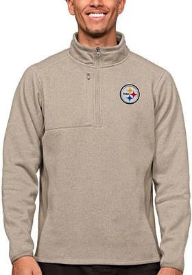 Antigua Pittsburgh Steelers Mens Oatmeal Course Long Sleeve Qtr Zip Pullover