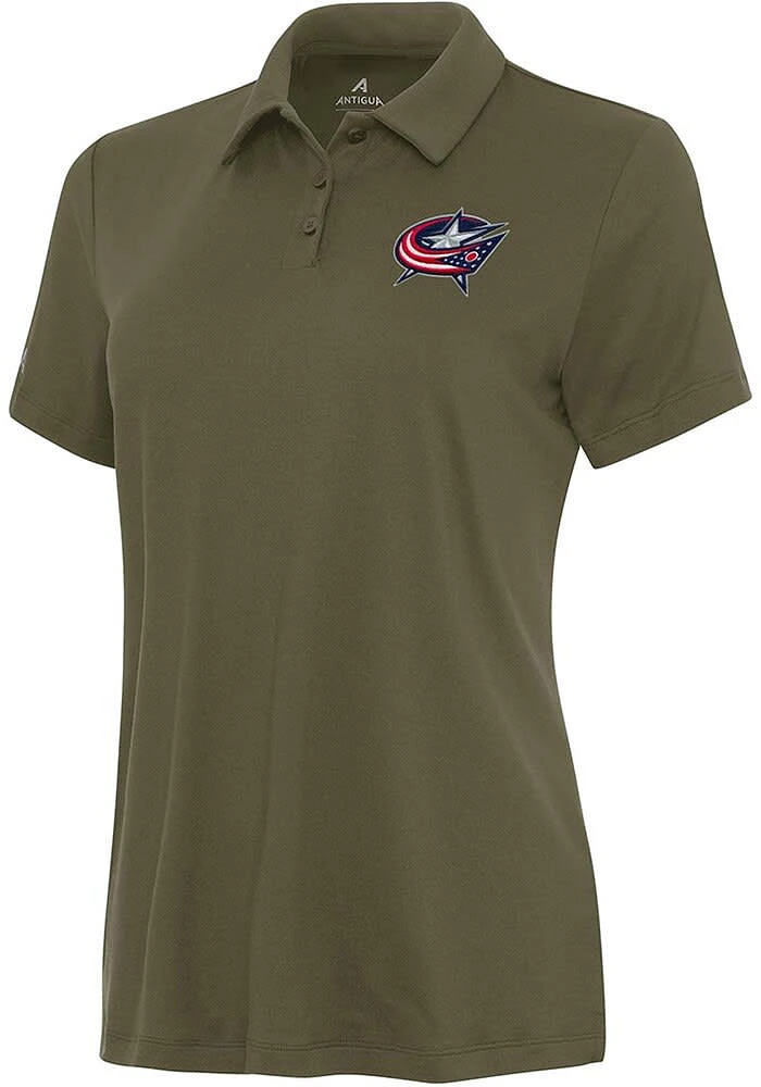 Antigua Columbus Blue Jackets Womens Olive Reprocess Recycled Short Sleeve Polo Shirt