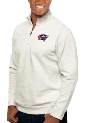 Antigua Columbus Blue Jackets Mens Oatmeal Gambit Long Sleeve 1/4 Zip Pullover