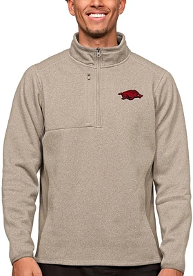 Antigua Arkansas Razorbacks Mens Oatmeal Course Long Sleeve Qtr Zip Pullover