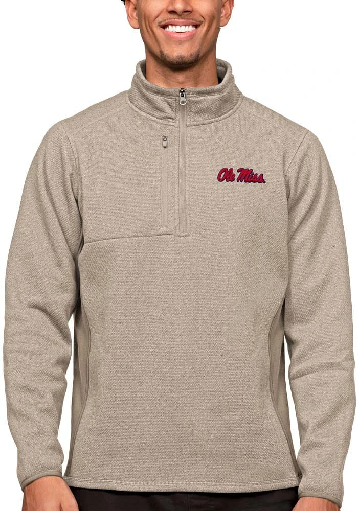 Antigua Ole Miss Rebels Mens Oatmeal Course Long Sleeve Qtr Zip Pullover