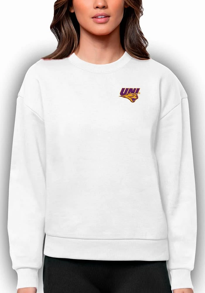 Antigua Northern Iowa Panthers Womens White Victory Crew Sweatshirt